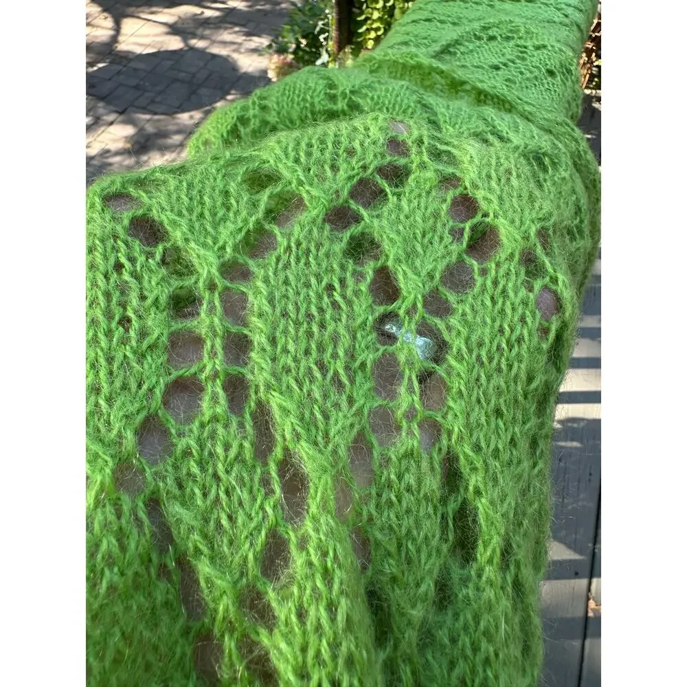 Mohair Wool Crochet Blanket lime green Hand Made Diamond Knit Throw 44x90” shawl